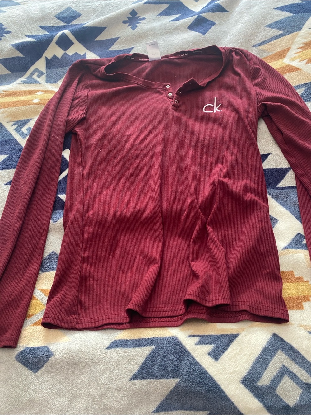 Calvin Klein Girls Long Sleeve Ribbed Henley Top - Maroon
